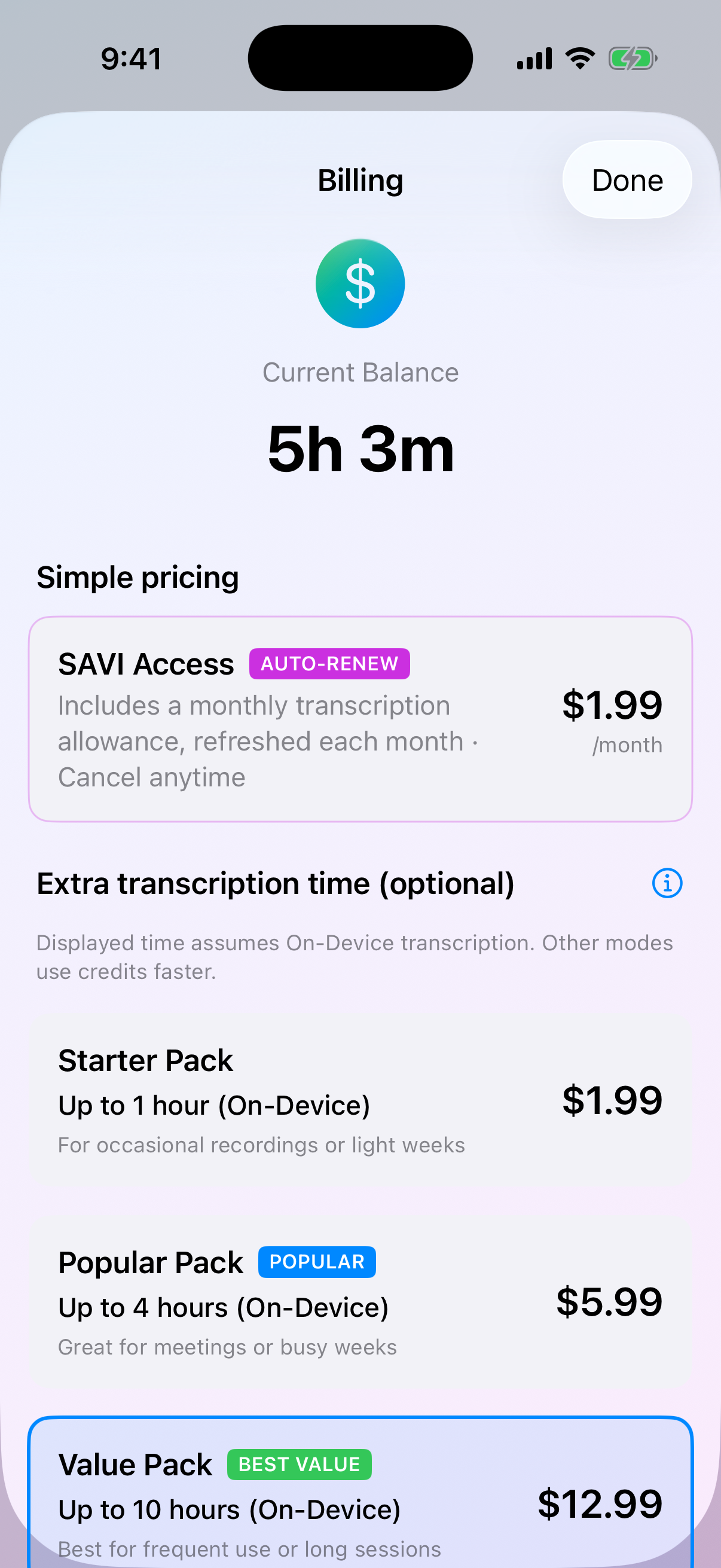 SAVI Pricing - Monthly plan and credit packs