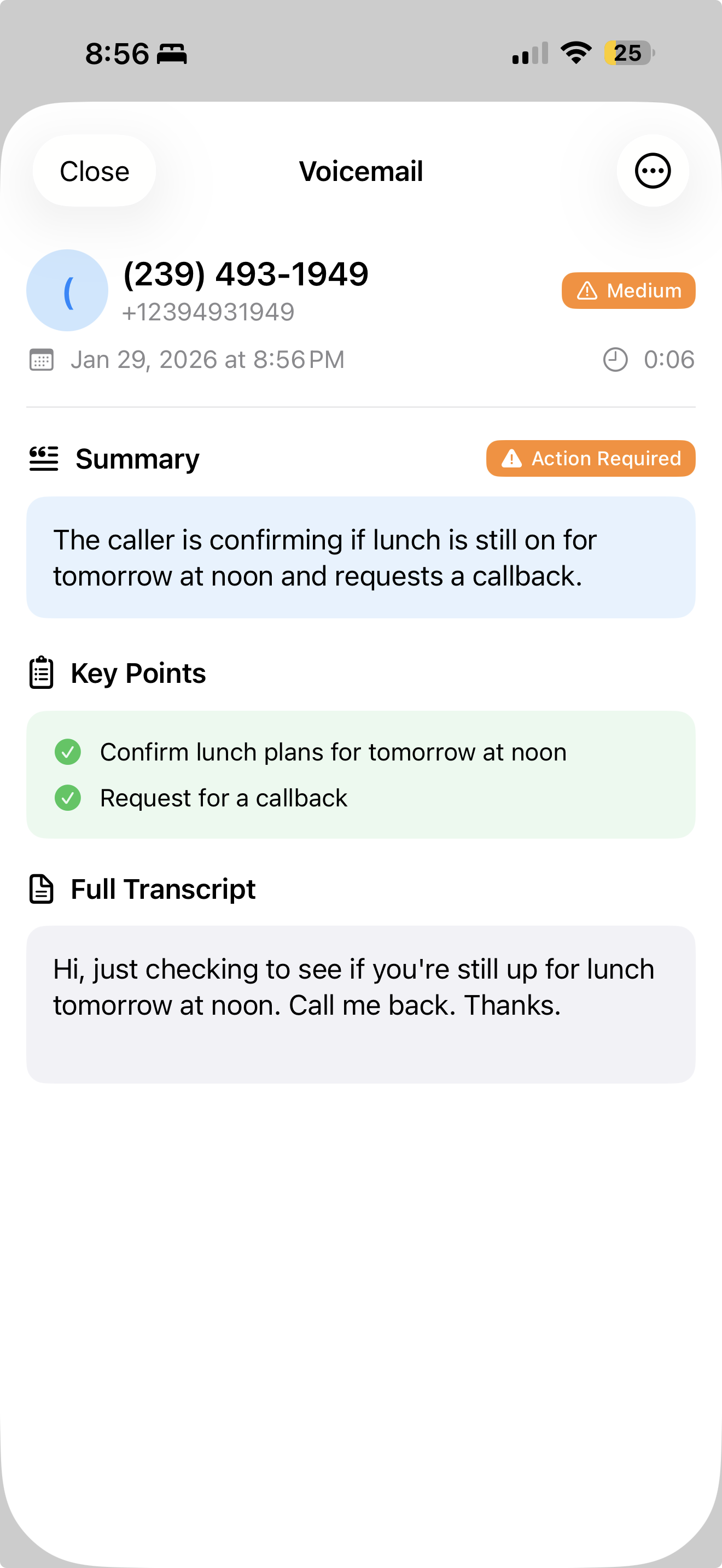Voicemail detail with transcript